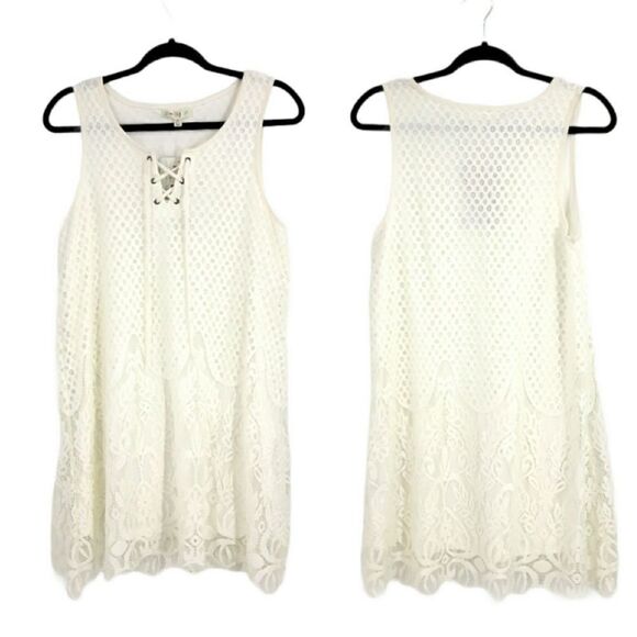 Love Fire Dress Boho Lace Corset Lace Up Shift Mini Slip Dress Ivory Sz M - Picture 1 of 13
